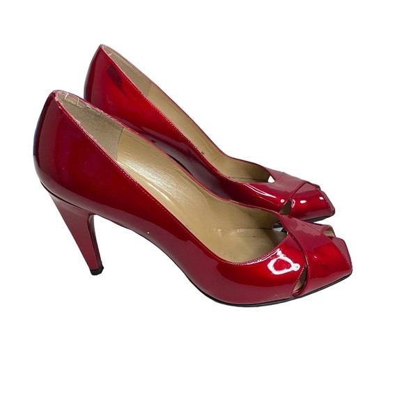 Stuart Weitzman Sashay Candy Apple Red Patent Leather Peep Toe Heels Sz 9.5 a24 - Picture 4 of 7